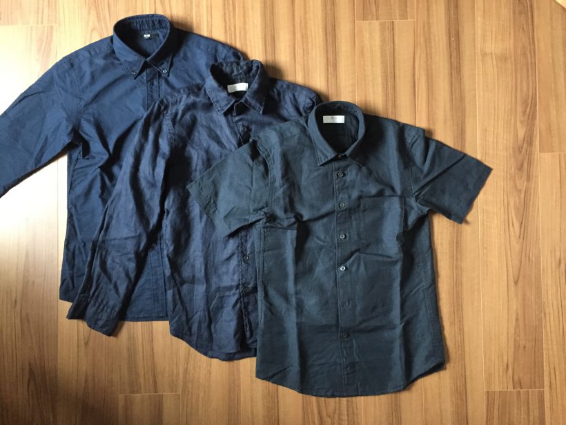 シャツでもエイジング（経年変化）を楽しみたいので、天然繊維×ネイビーのシャツをUNIQLOで一気に3枚買いしました。